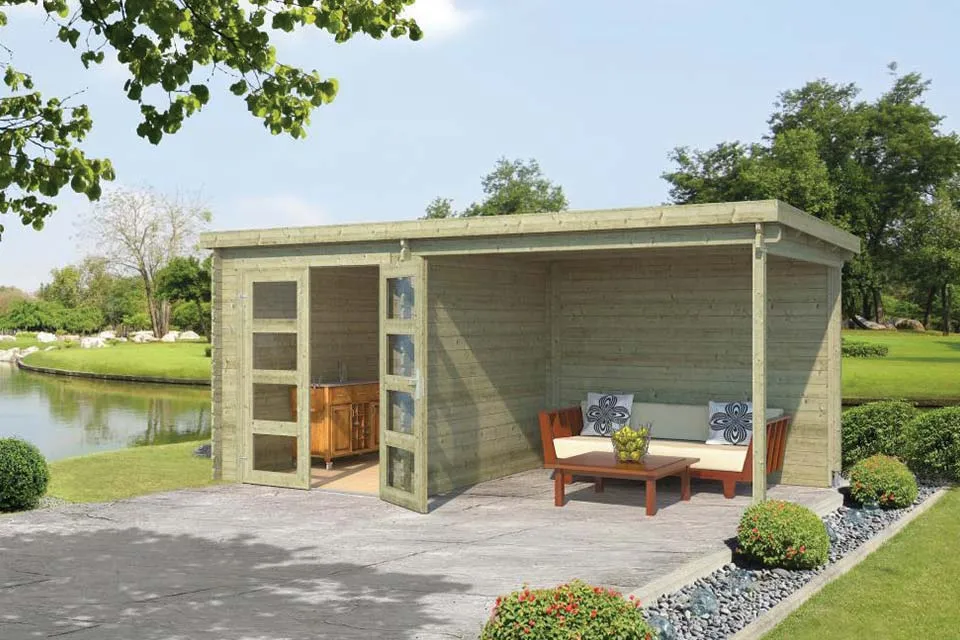Outdoor Life Products | Tuinhuis met Overkapping Helena 472 x 230 | Geïmpregneerd | Olijfgroen Outdoor Life Products | Tuinhuis met Overkapping Helena 472 x 230 | Geïmpregneerd | Olijfgroen