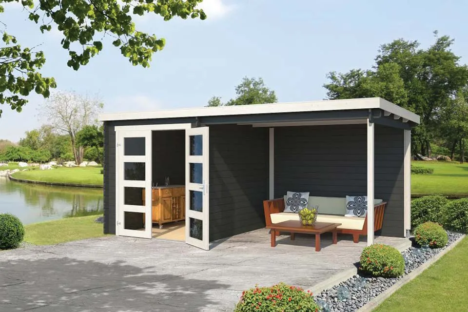 Outdoor Life Products Tuinhuis met Overkapping Helena 472 x 230 Gecoat Carbon Grey Wit