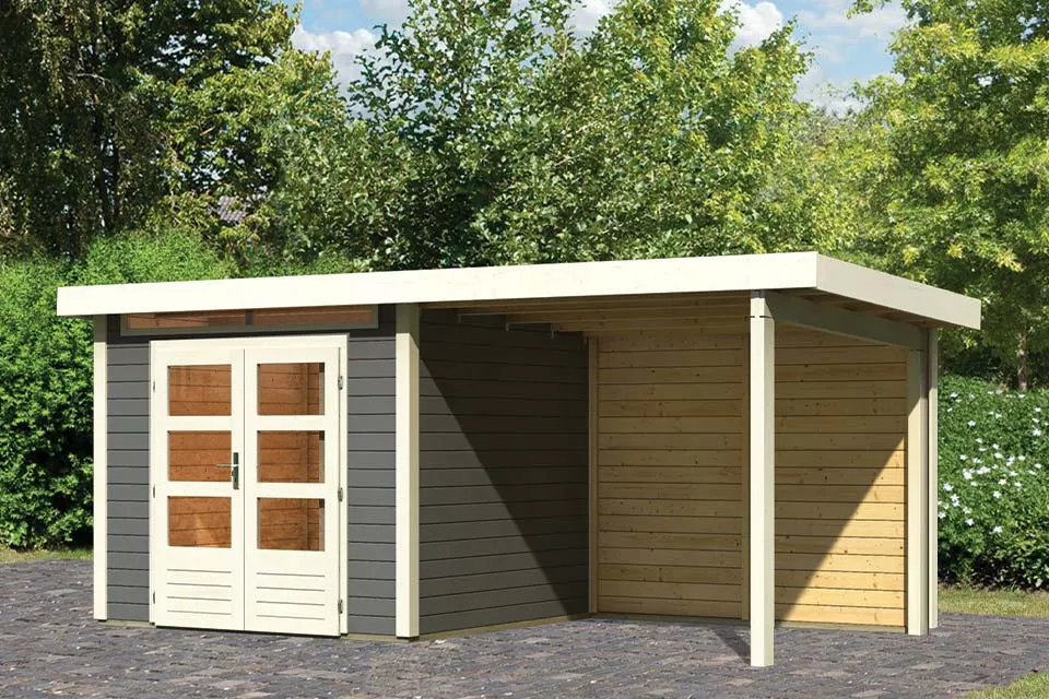 Woodfeeling | Tuinhuis Kandern 3 met Overkapping 2,35 en Achterwand | Terragrijs