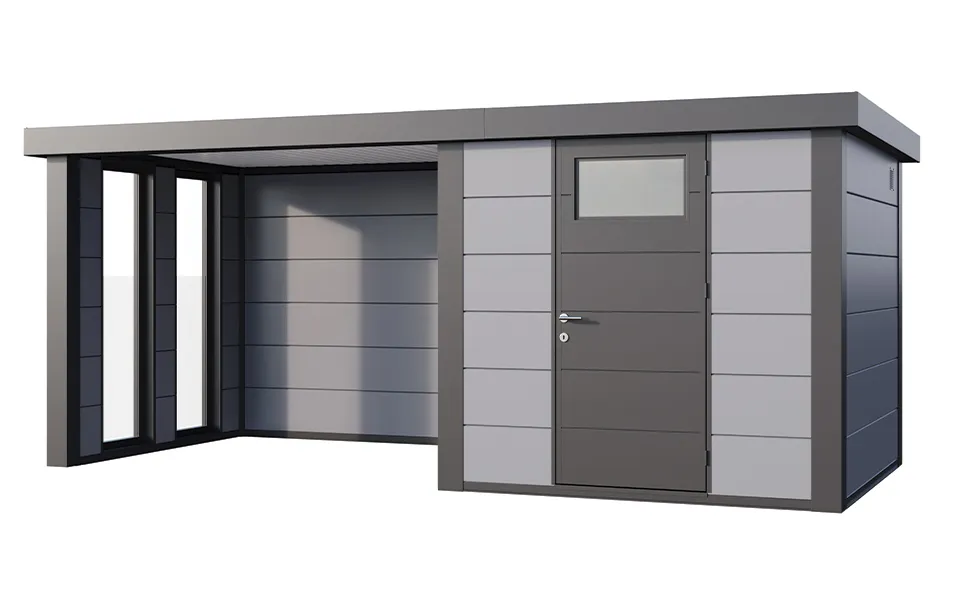 Telluria | Tuinhuis Classico 2424 met Overkapping Lounge Small met Ramen | Links | Lichtgrijs