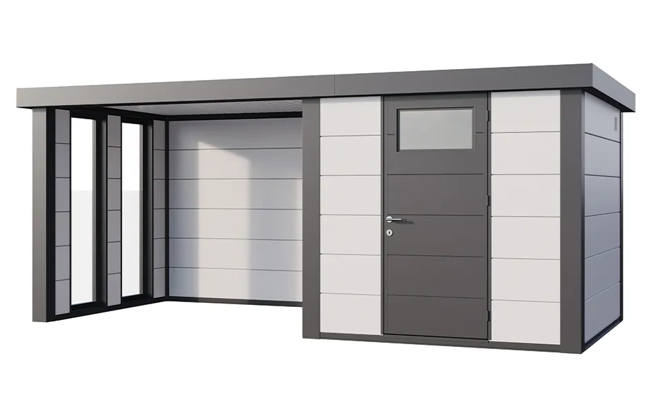 Telluria | Tuinhuis Classico 2424 met Overkapping Lounge Small met Ramen | Links | Wit-Antraciet