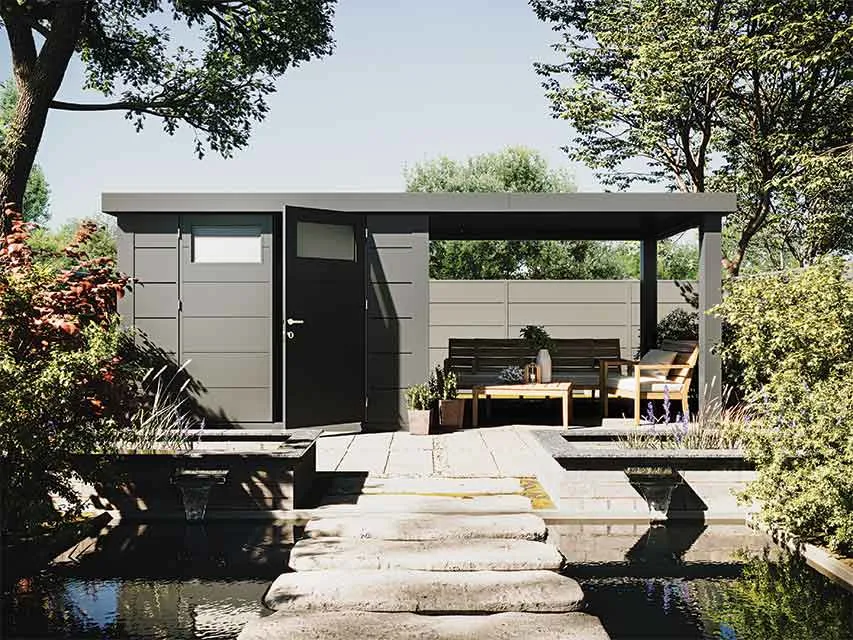 Telluria | Tuinhuis Classico 2424 met Overkapping Lounge Small | Rechts | Lichtgrijs
