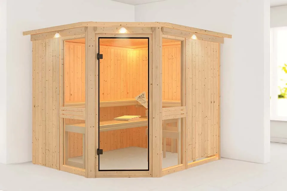 Karibu | Sauna Amelia 3 met Dakkraag | Helderglas Karibu | Sauna Amelia 3 met Dakkraag | Helderglas