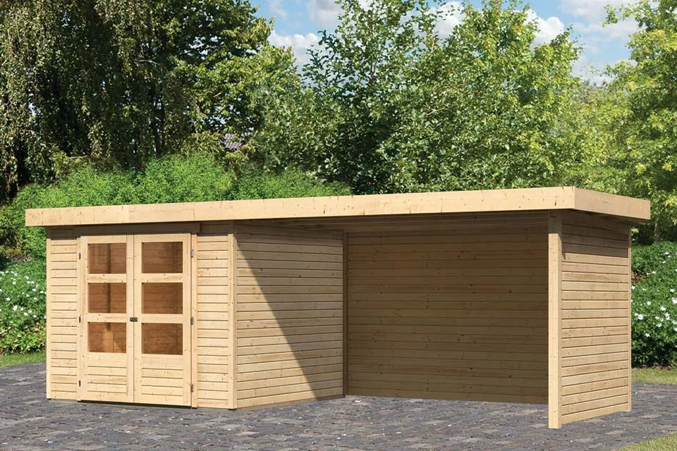 Woodfeeling Tuinhuis Askola 35 met Overkapping 28 Zij en Achterwand Onbehandeld