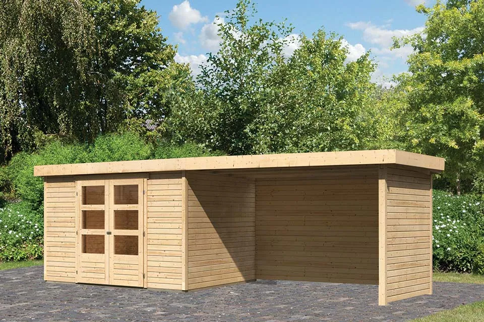 Woodfeeling Tuinhuis Askola 5 met Overkapping 24 en Houtopslag Onbehandeld