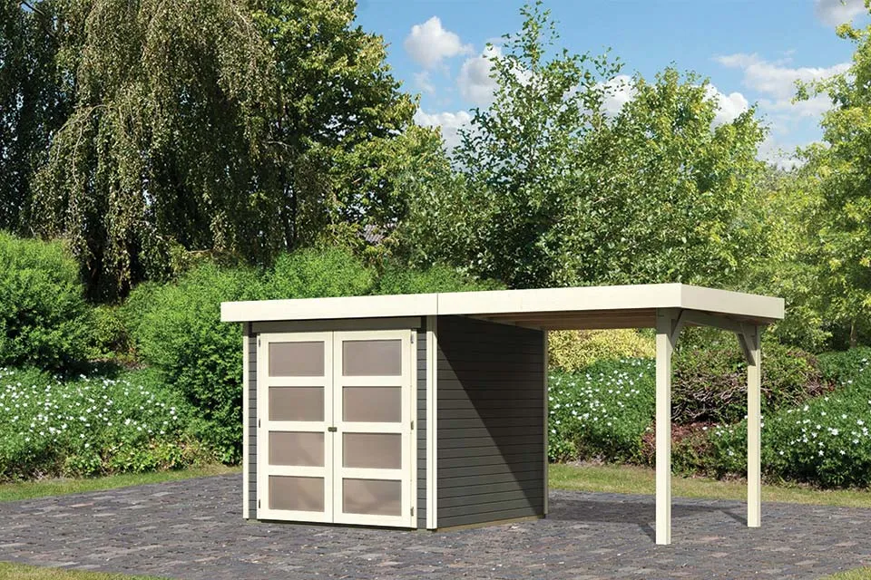 Karibu | Tuinhuis M?hlendorf 2 met Overkapping 2,4 | Terragrijs Karibu | Tuinhuis M?hlendorf 2 met Overkapping 2,4 | Terragrijs