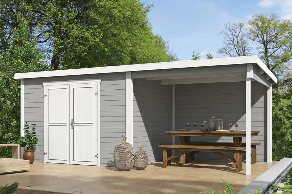Outdoor Life Products | Tuinhuis Kjeld 550 x 250 | Gecoat | Platinum Grey-Wit