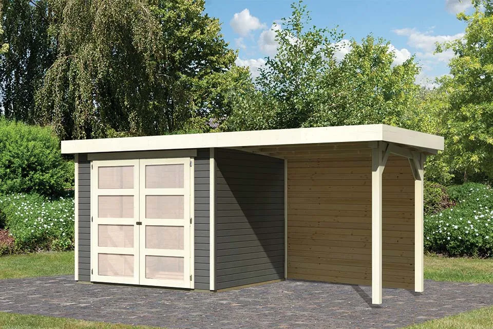 Karibu | Tuinhuis Mhlendorf 3 met Overkapping 2,4 en Achterwand | Terragrijs