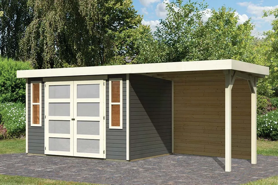 Karibu | Tuinhuis Mhlendorf 4 met Overkapping 2,4 en Achterwand | Terragrijs