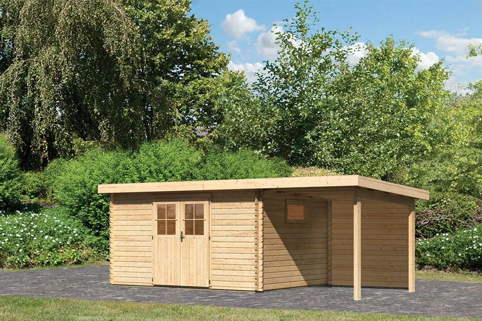 Karibu | Tuinhuis Torgau 5 met Overkapping 2,3 en Achterwand Karibu | Tuinhuis Torgau 5 met Overkapping 2,3 en Achterwand