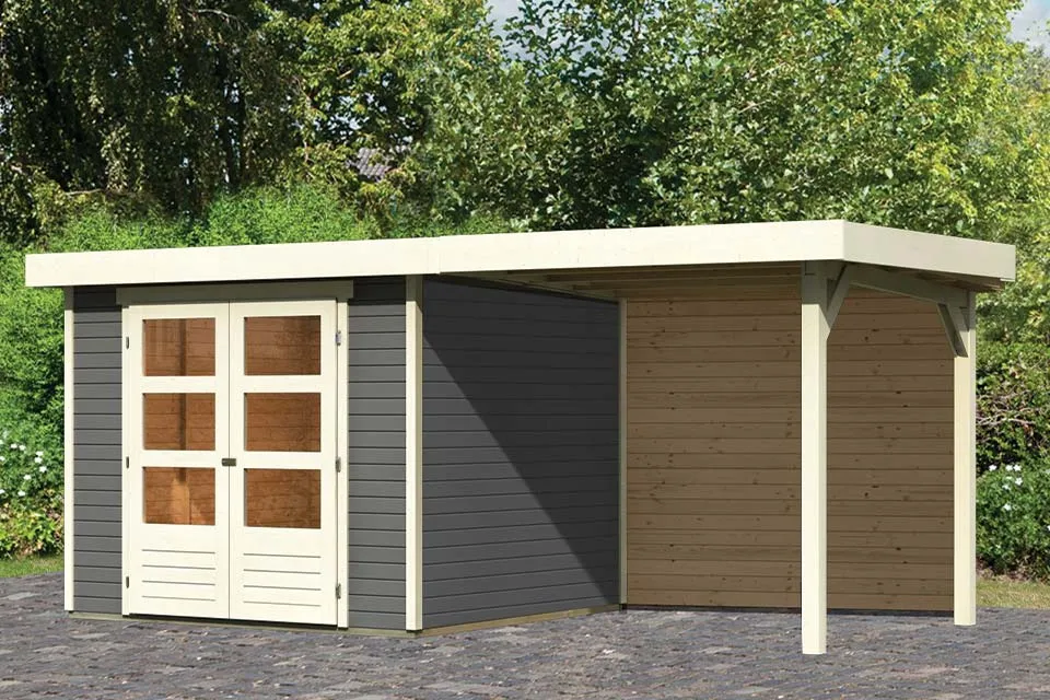 Woodfeeling Tuinhuis Askola 35 met Overkapping 24 en Achterwand Terragrijs