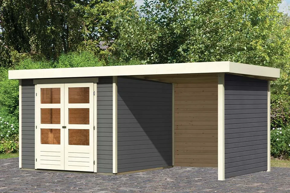 Woodfeeling Tuinhuis Askola 35 met Overkapping 24 Zij en Achterwand Terragrijs