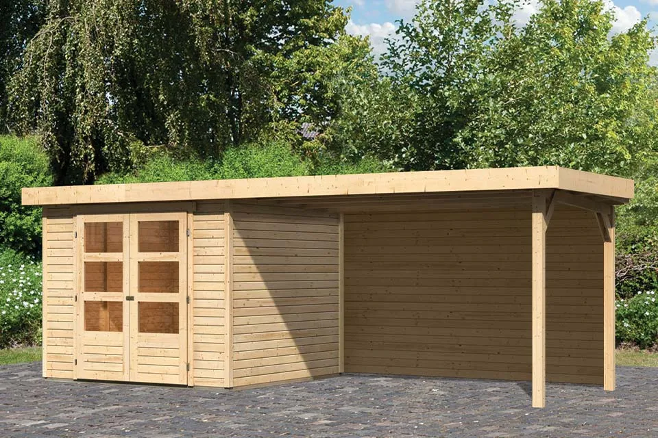 Woodfeeling Tuinhuis Askola 35 met Overkapping 28 en Achterwand Onbehandeld