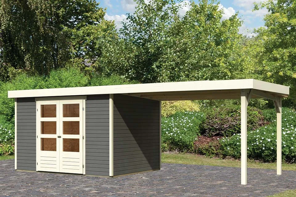 Woodfeeling Tuinhuis Askola 5 met Overkapping 24 en Achterwand Terragrijs