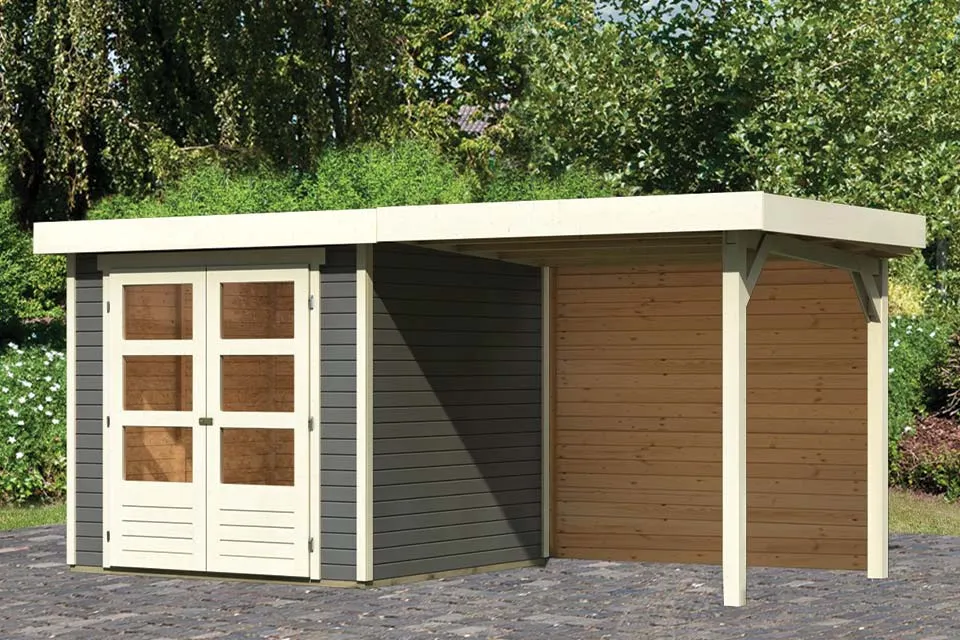 Woodfeeling Tuinhuis Askola 2 met Overkapping 24 en Achterwand Terragrijs