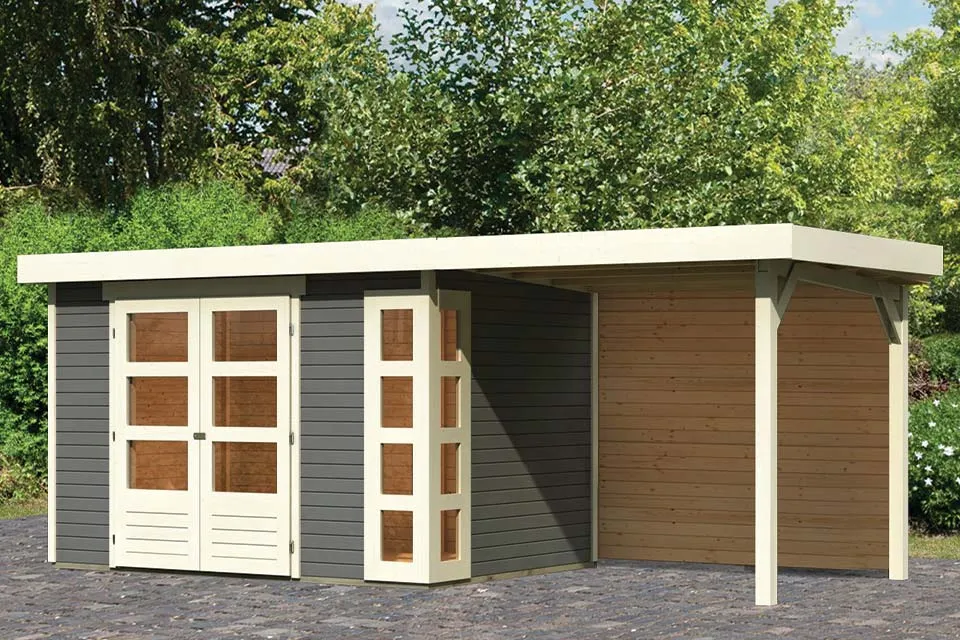 Woodfeeling | Tuinhuis Kerko 4 met Overkapping 2,4 en Achterwand | Terragrijs