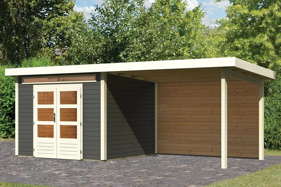 Woodfeeling | Tuinhuis Kandern 6 met Overkapping 3,2 en Achterwand | Terragrijs Woodfeeling | Tuinhuis Kandern 6 met Overkapping 3,2 en Achterwand | Terragrijs