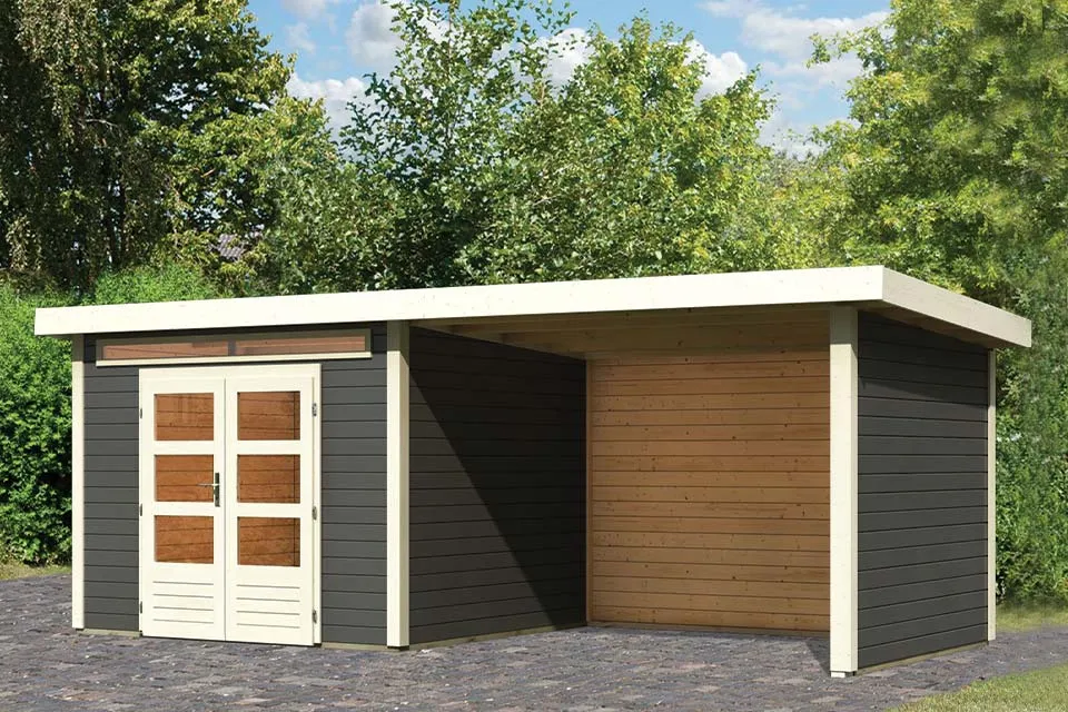 Woodfeeling | Tuinhuis Kandern 6 met Overkapping 3,2, Zij- en Achterwand | Terragrijs Woodfeeling | Tuinhuis Kandern 6 met Overkapping 3,2, Zij- en Achterwand | Terragrijs