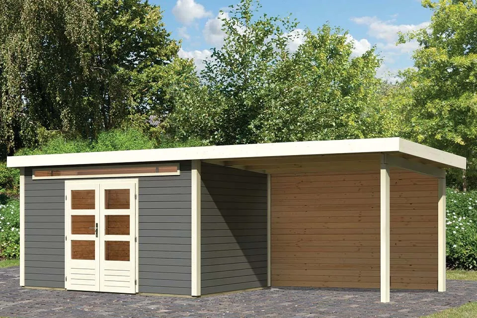 Woodfeeling | Tuinhuis Kandern 7 met Overkapping 3,2 en Achterwand | Terragrijs Woodfeeling | Tuinhuis Kandern 7 met Overkapping 3,2 en Achterwand | Terragrijs