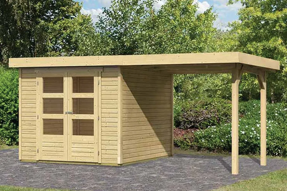 Woodfeeling Tuinhuis Askola 35 met Overkapping 28 en Achterwand Terragrijs