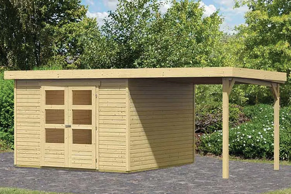 Woodfeeling | Tuinhuis Askola 5 met Overkapping 2,8 en Achterwand | Onbehandeld Woodfeeling | Tuinhuis Askola 5 met Overkapping 2,8 en Achterwand | Onbehandeld