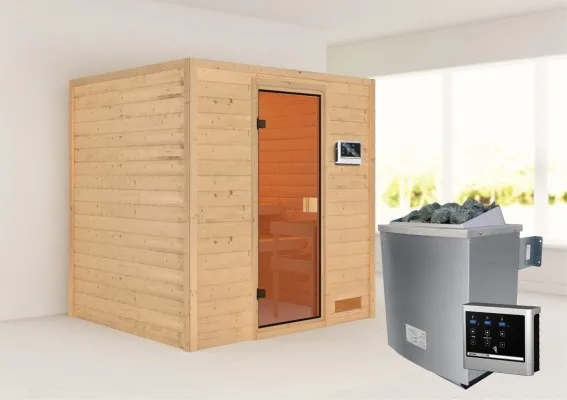 Woodfeeling | Sauna Anja | Bronzeglas | Kachel 4,5 kW Externe Bediening Woodfeeling | Sauna Anja | Bronzeglas | Kachel 4,5 kW Externe Bediening