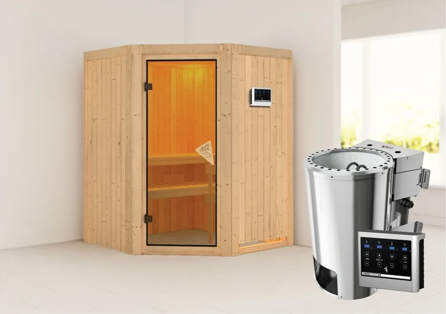 Karibu | Sauna Minja | Bronzeglas | Biokachel 3,6 kW Externe Bediening Karibu | Sauna Minja | Bronzeglas | Biokachel 3,6 kW Externe Bediening