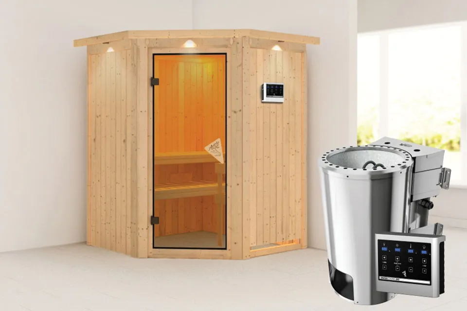 Karibu | Sauna Minja met Dakkraag | Bronzeglas | Kachel 3,6 kW Externe Bediening Karibu | Sauna Minja met Dakkraag | Bronzeglas | Kachel 3,6 kW Externe Bediening