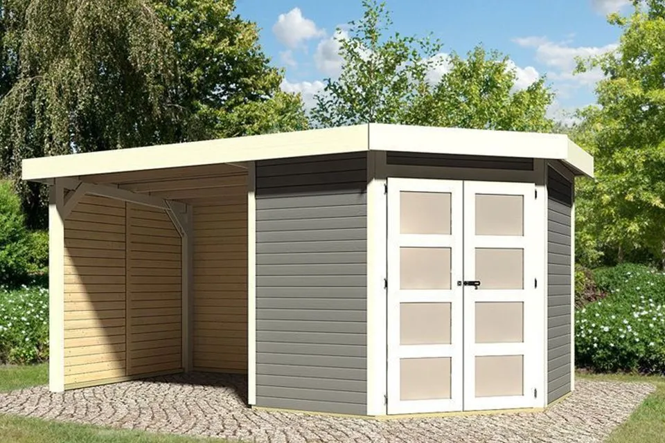Karibu | Tuinhuis Goldendorf 3 met Overkapping, Zij- en Achterwand | Terragrijs
