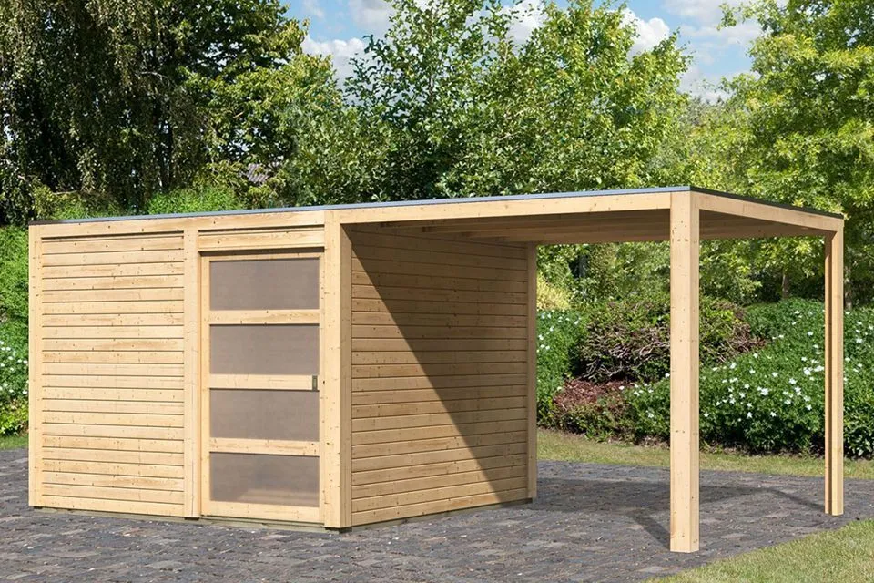 Karibu | Tuinhuis Qubic 2 met Overkapping | Onbehandeld