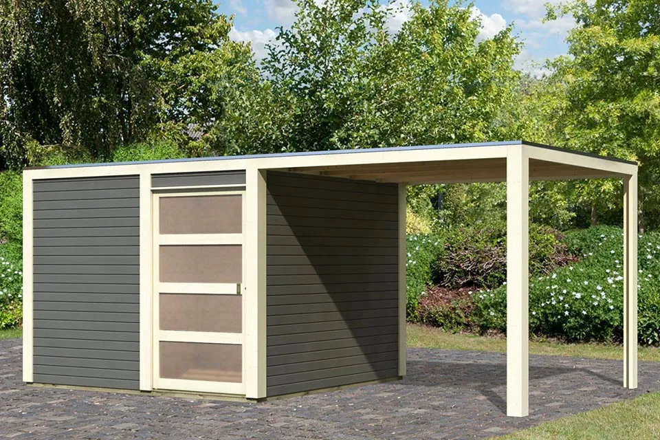 Karibu | Tuinhuis Qubic 2 met Overkapping | Terragrijs