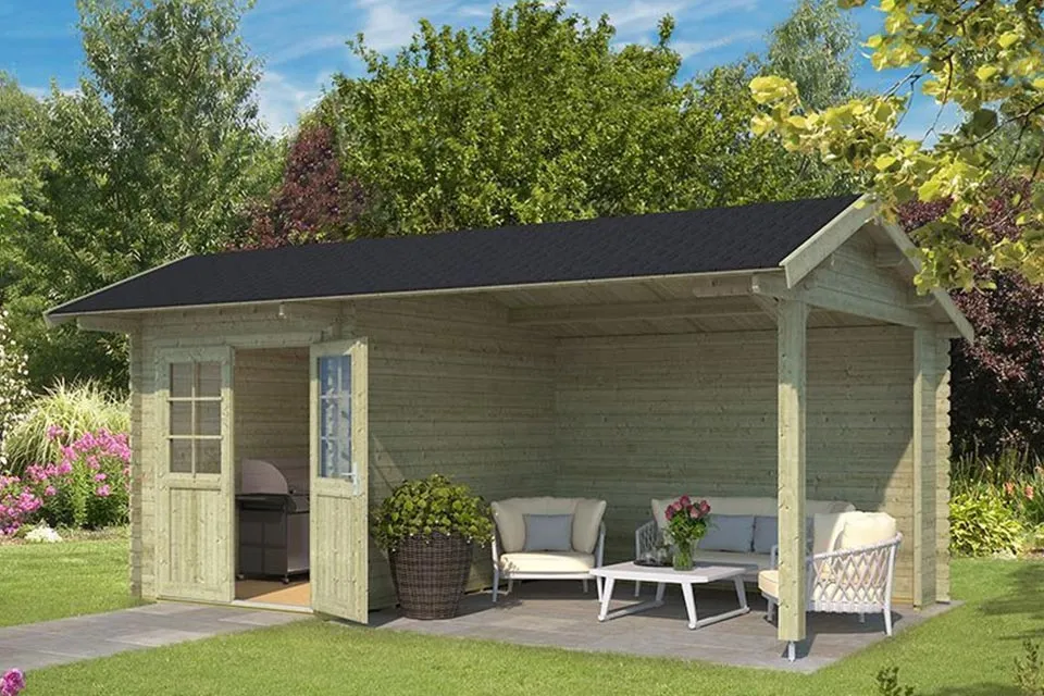 Outdoor Life Products | Tuinhuis met Overkapping Kenzo 540 x 300 | Geïmpregneerd | Olijfgroen