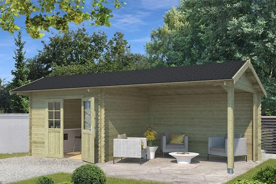 Outdoor Life Products | Tuinhuis met Overkapping Maribel 680 x 300 | Geimpregneerd | Olijfgroen