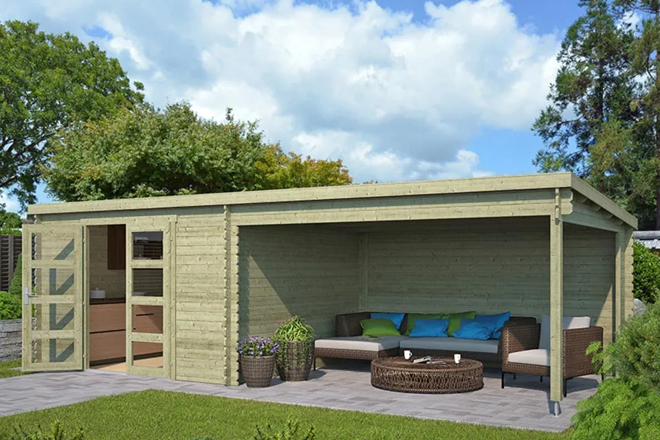 Outdoor Life Products | Tuinhuis met Overkapping Olenka 710 x 330 | Gempregneerd | Olijfgroen