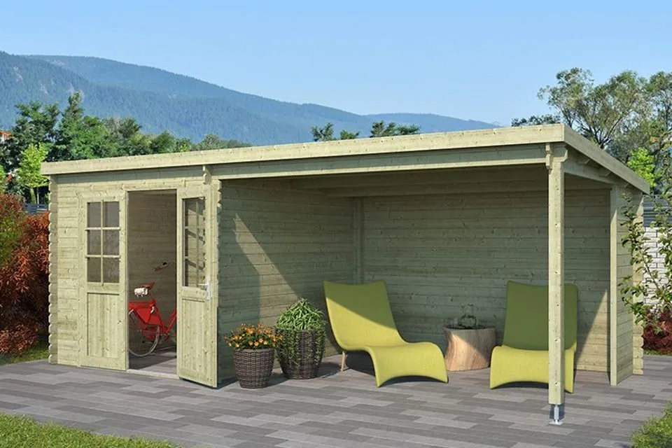 Outdoor Life Products | Tuinhuis met Overkapping Sunniva 570 x 275 | Geimpregneerd | Olijfgroen