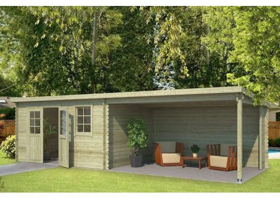 Outdoor Life Products | Tuinhuis met Overkapping Aida 760 x 275 | Geïmpregneerd | Olijfgroen