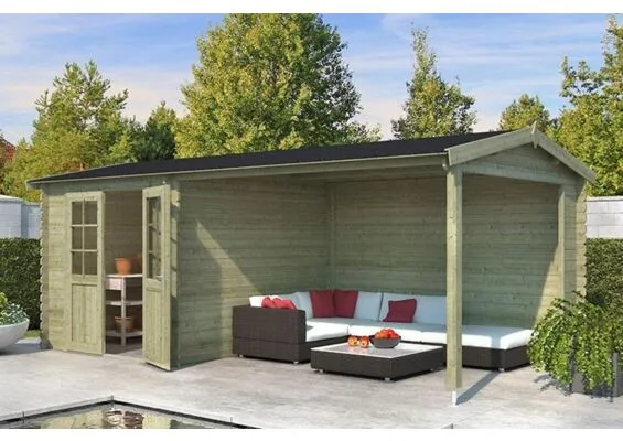Outdoor Life Products | Tuinhuis met Overkapping Karyna 570 x 275 | Geïmpregneerd | Olijfgroen