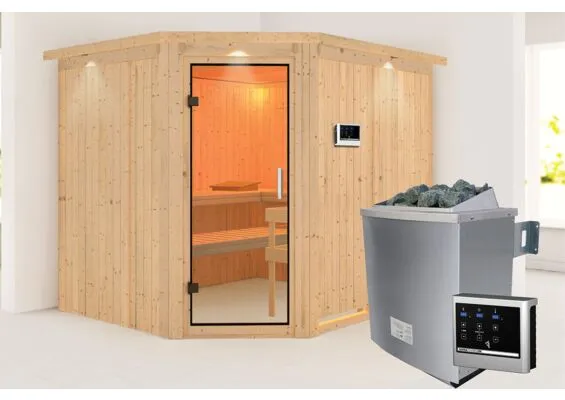 Karibu | Malin Sauna met Dakkraag | Helderglas Deur | Kachel 9 kW Externe Bediening