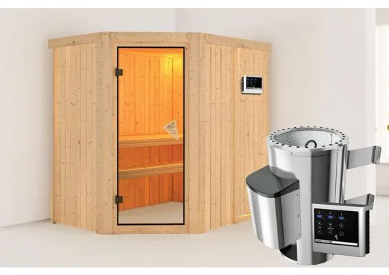 Karibu | Sauna Saja | Bronzeglas Deur | Biokachel 3,6 kW Externe Bediening