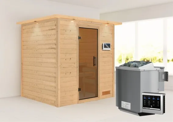 Woodfeeling | Sauna Anja met Dakkraag | Antracietglas | Biokachel 4,5 kW Externe Bediening Woodfeeling | Sauna Anja met Dakkraag | Antracietglas | Biokachel 4,5 kW Externe Bediening