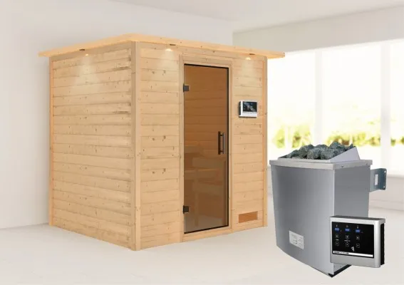 Woodfeeling | Sauna Anja met Dakkraag | Antracietglas | Kachel 4,5 kW Externe Bediening Woodfeeling | Sauna Anja met Dakkraag | Antracietglas | Kachel 4,5 kW Externe Bediening