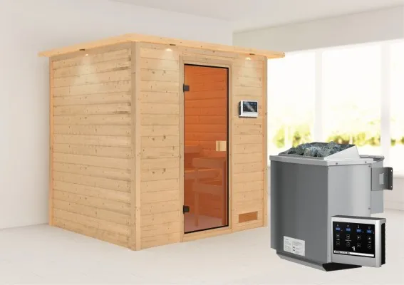 Woodfeeling | Sauna Anja met Dakkraag | Bronzeglas | Biokachel 4,5 kW Externe Bediening Woodfeeling | Sauna Anja met Dakkraag | Bronzeglas | Biokachel 4,5 kW Externe Bediening