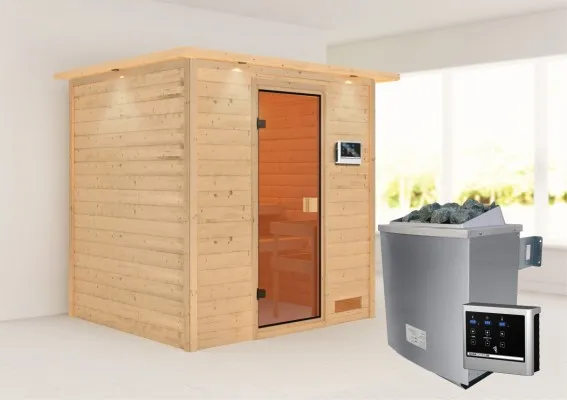 Woodfeeling | Sauna Anja met Dakkraag | Bronzeglas | Kachel 4,5 kW Externe Bediening Woodfeeling | Sauna Anja met Dakkraag | Bronzeglas | Kachel 4,5 kW Externe Bediening