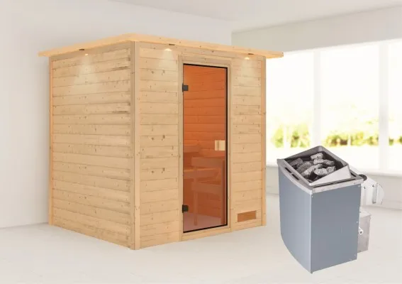 Woodfeeling | Sauna Anja met Dakkraag | Bronzeglas | Kachel 4,5 kW Geïntegreerde Bediening Woodfeeling | Sauna Anja met Dakkraag | Bronzeglas | Kachel 4,5 kW Geïntegreerde Bediening