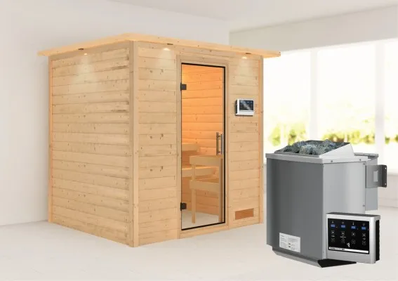 Woodfeeling | Sauna Anja met Dakkraag | Helderglas | Biokachel 4,5 kW Externe Bediening Woodfeeling | Sauna Anja met Dakkraag | Helderglas | Biokachel 4,5 kW Externe Bediening