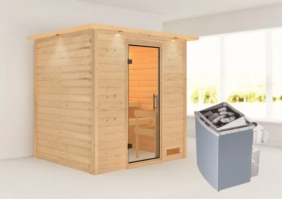 Woodfeeling | Sauna Anja met Dakkraag | Helderglas | Kachel 4,5 kW Geïntegreerde Bediening Woodfeeling | Sauna Anja met Dakkraag | Helderglas | Kachel 4,5 kW Geïntegreerde Bediening