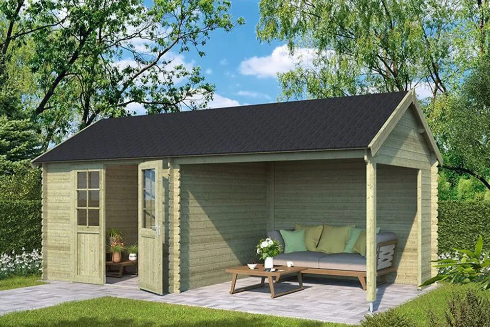 Outdoor Life Products | Tuinhuis met Overkapping Fraya 570 x 275 | Geimpregneerd | Olijfgroen