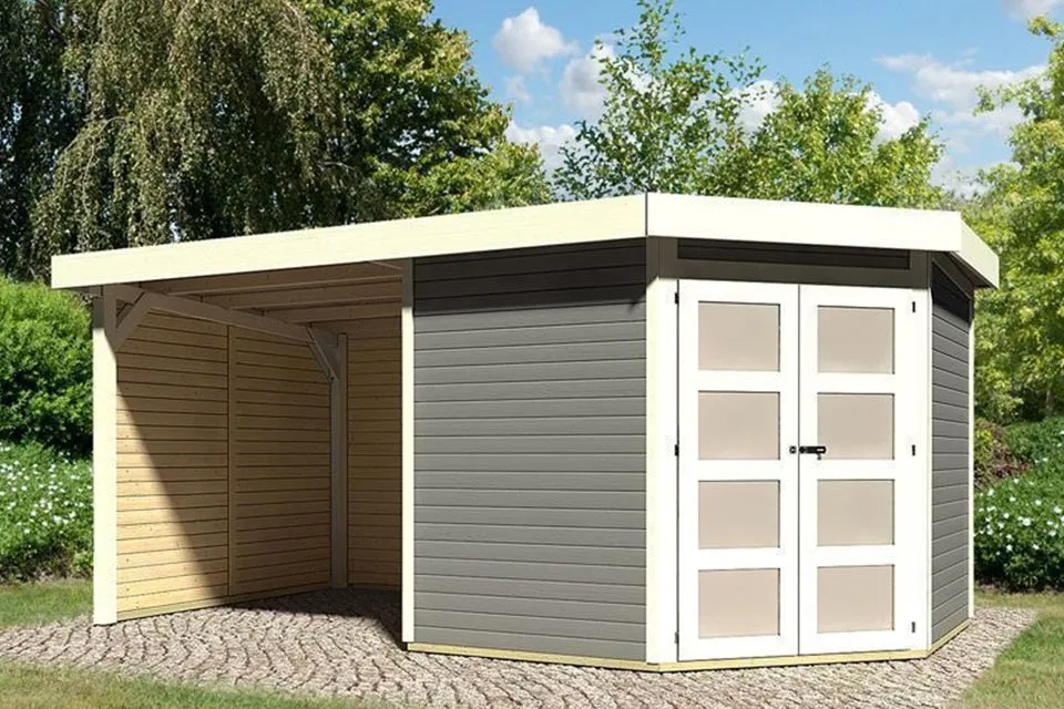 Karibu | Tuinhuis Goldendorf 5 met Overkapping, Zij- en Achterwand | Terragrijs