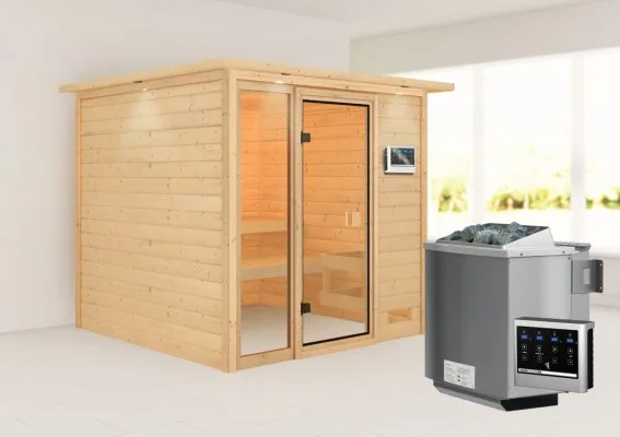 Karibu | Jutta Sauna met Dakkraag | Biokachel 9 kW Externe Bediening Karibu | Jutta Sauna met Dakkraag | Biokachel 9 kW Externe Bediening