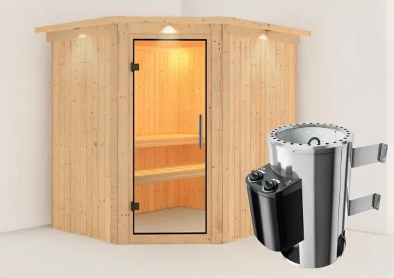 Karibu | Sauna Lilja met Dakkraag | Helderglas | Kachel 3,6 kW Geïntegreerde Bediening Karibu | Sauna Lilja met Dakkraag | Helderglas | Kachel 3,6 kW Geïntegreerde Bediening